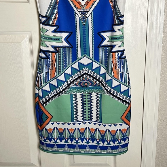 Peach Puff Dress Womens Small Blue Green Aztec Sleeveless Bodycon Geometric Mini - Picture 5 of 14